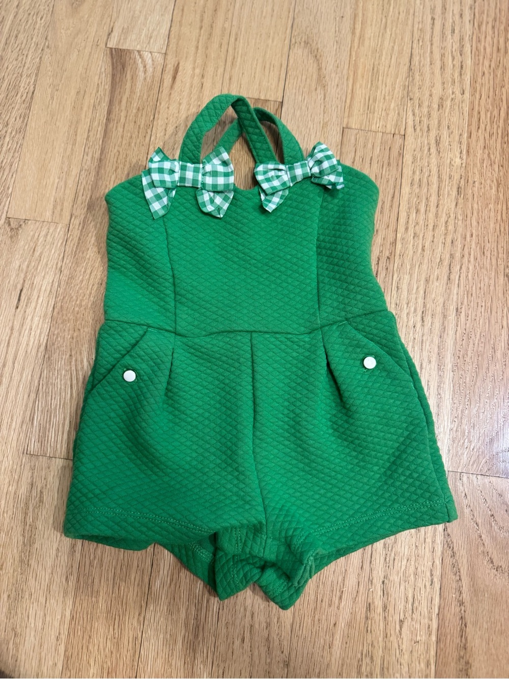 Janie and Jack Green Gingham Bow Romper 6–12M